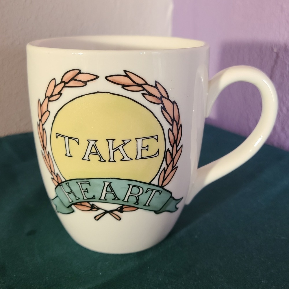 Creative Co-op "Take Heart" Coffee Tea Mug 12 oz Ceramic Recovery Laurel Wreath